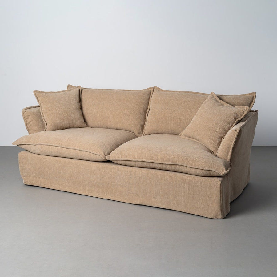 Canapé trois places déhoussable en tissu polyester clair, couleur beige, vue 7