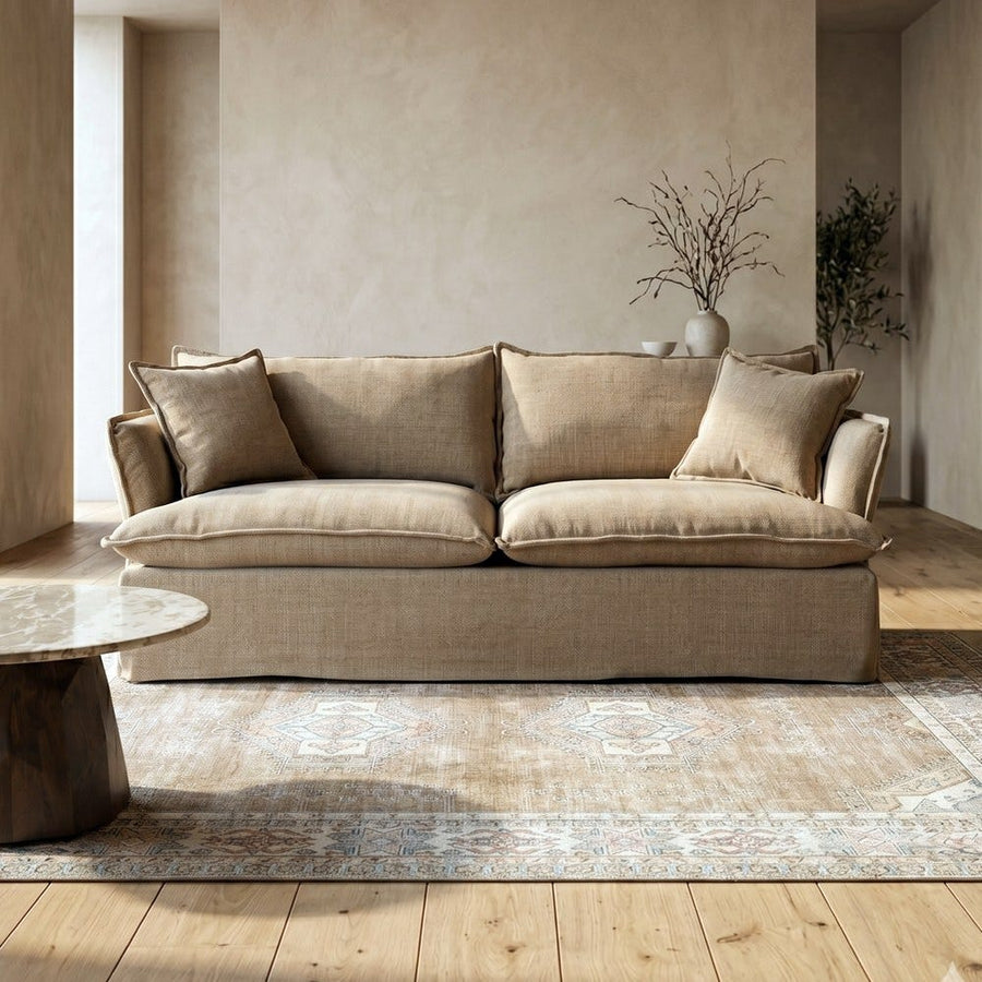 Canapé trois places déhoussable en tissu polyester clair, couleur beige, vue 6