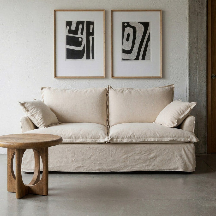 Canapé deux places en coton et lin sur piètement noir, couleur beige