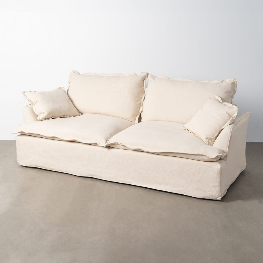 Canapé trois places en lin et coton beige aux coussins déhoussables, vue 2