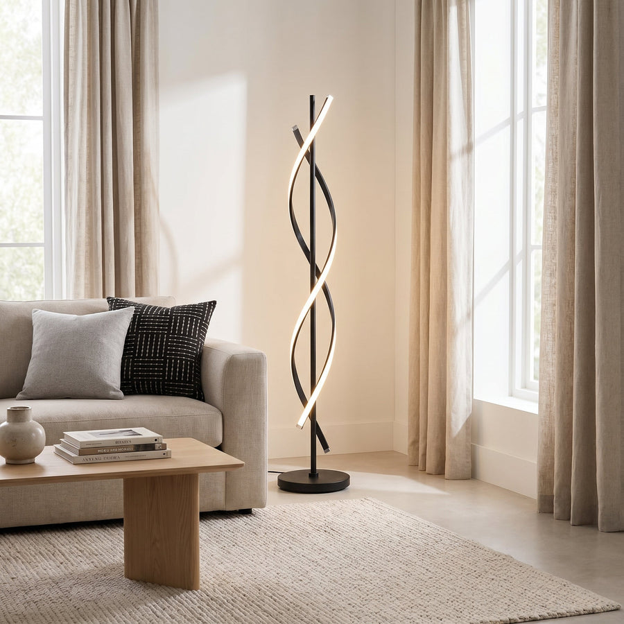Lampadaire LED en métal aux bandes lumineuses entrelacées allumé, couleur noir, vue 2