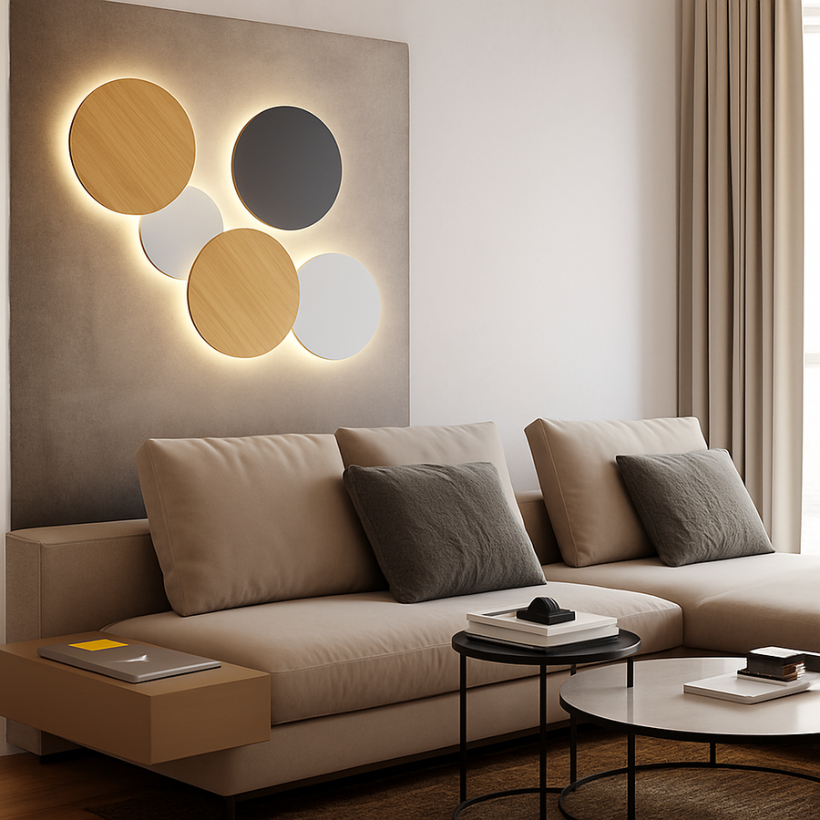 Applique murale ronde en disque plein, halo de lumière autour du pourtour, vue 2