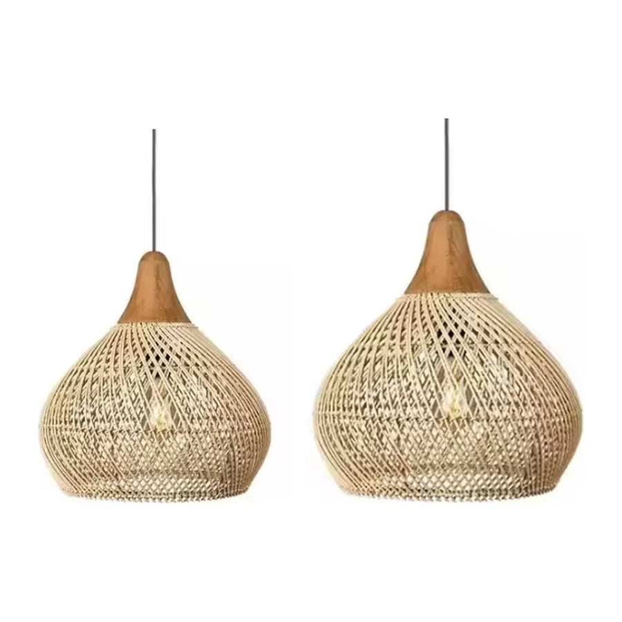 Suspension boule en rotin tressé avec calotte en bois clair, vue 4
