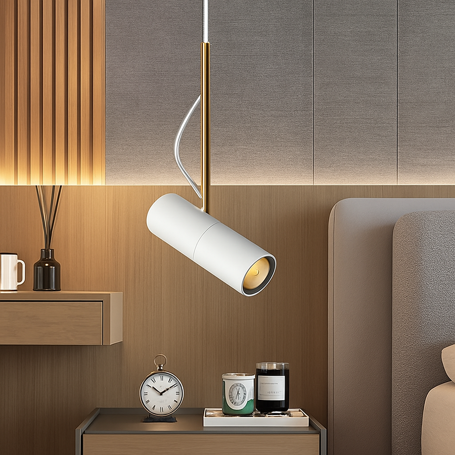 Suspension à spot orientable fixé au bout d'une tige en métal, couleur blanc, vue 5