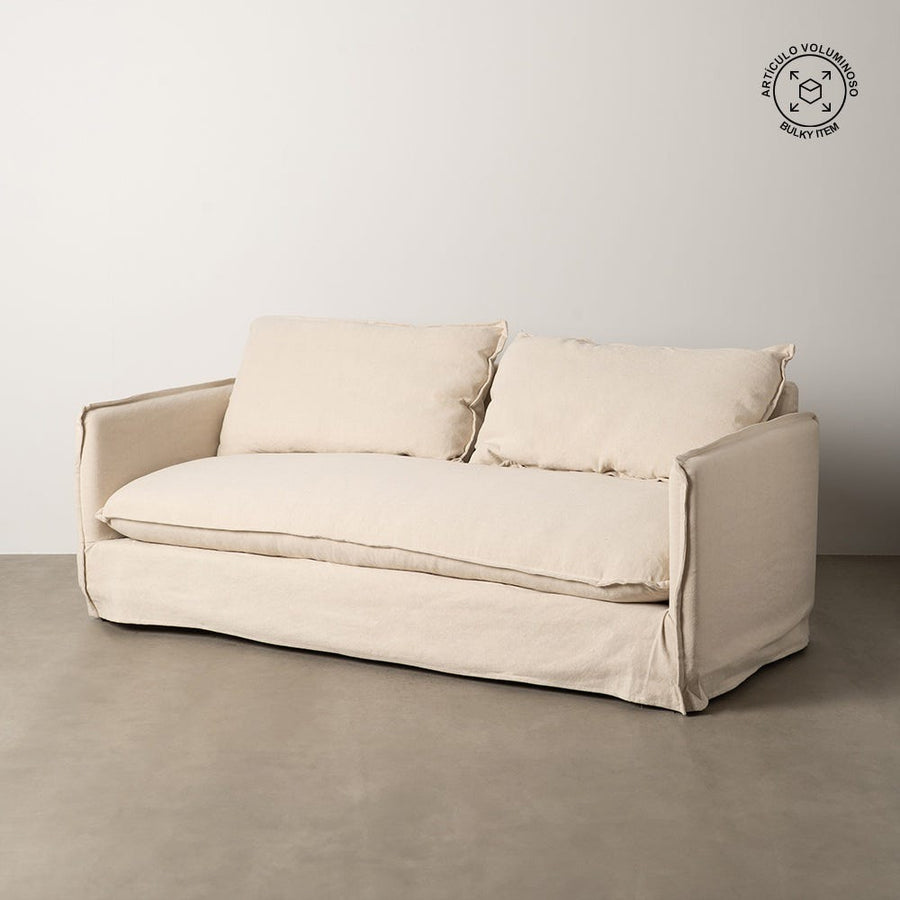 Canapé 3 places en lin et coton beige déhoussable sur structure bois, assise mousse et plume 200 cm