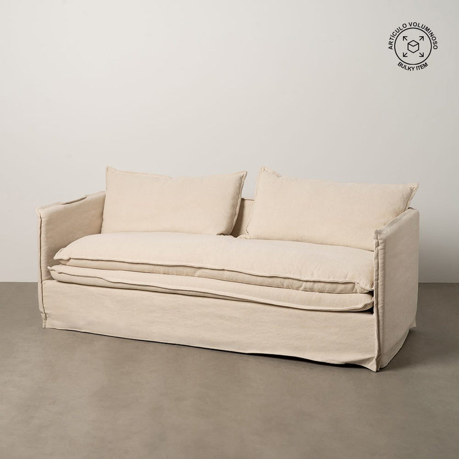 Canapé 3 places en lin et coton beige à pieds noirs, garnissage plume, déhoussable 210 cm