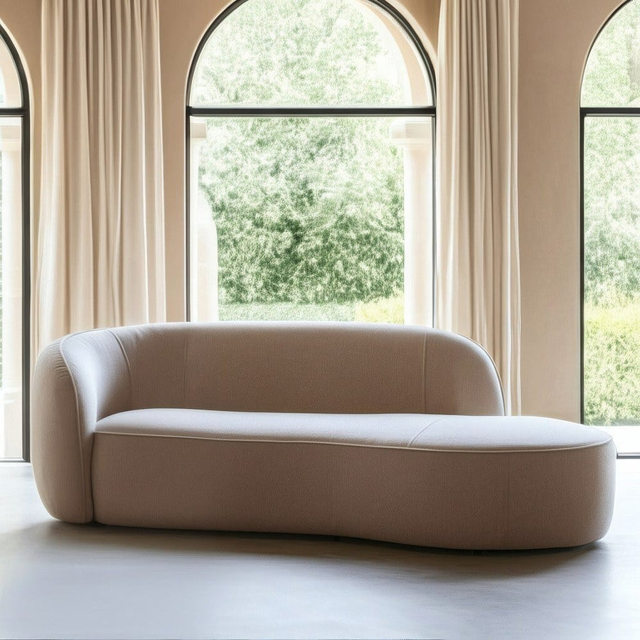 Canapé 3 places en tissu polyester beige, piètement bois massif 229 cm