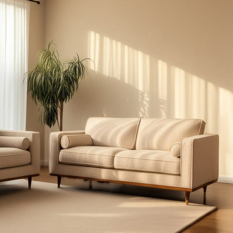 Canapé 2 places scandinave en tissu beige, piètement bois apparent 171 cm