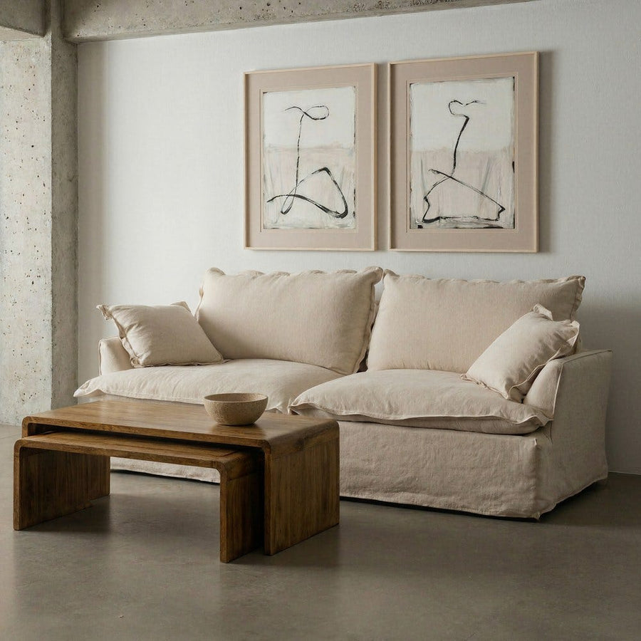Canapé 3 places en tissu lin et coton beige, coussins déhoussables, structure bois 230 cm