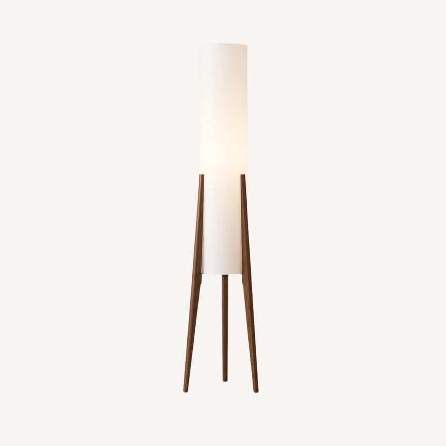 Lampadaire trépied en bois, abat-jour cylindrique blanc