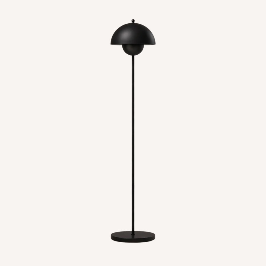 Lampadaire rétro en acier, tête demi-sphère et interrupteur à pédale, H 155 cm
