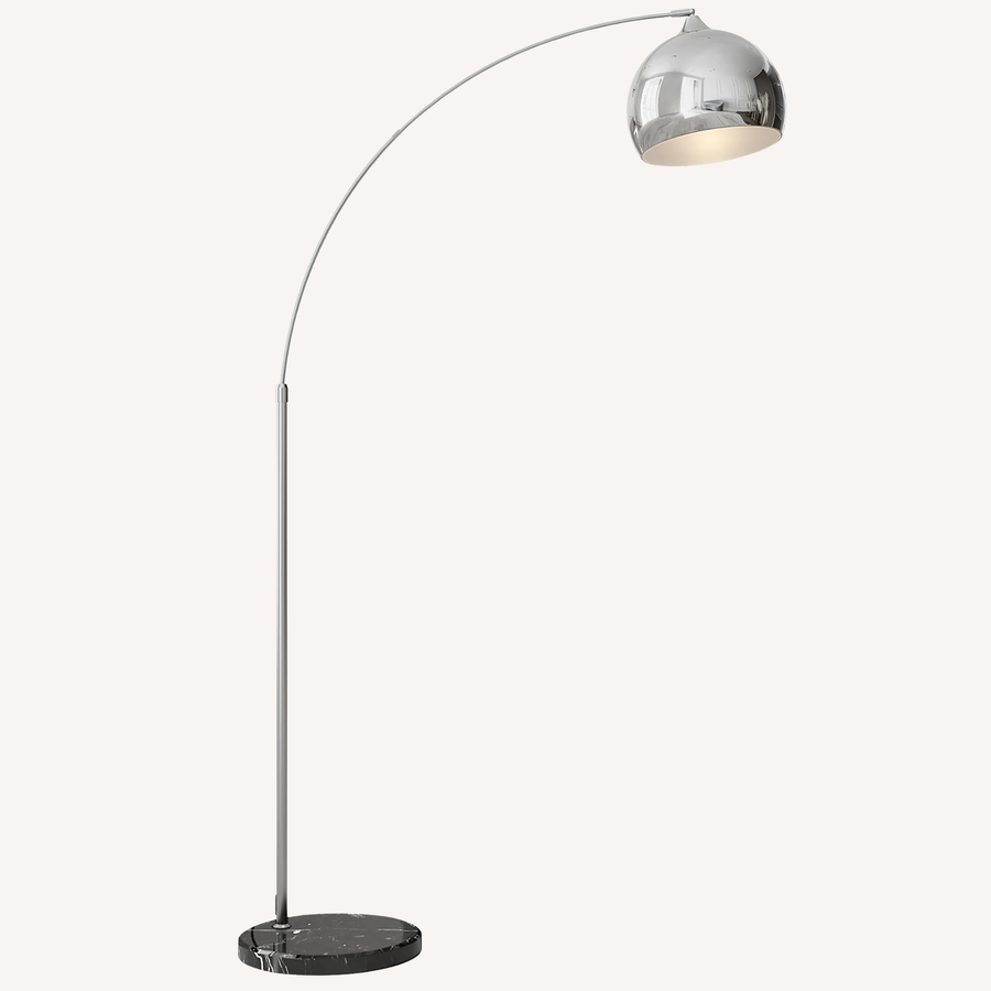 Lampadaire arc en métal chromé, abat-jour bol argenté, hauteur réglable 170 à 180 cm