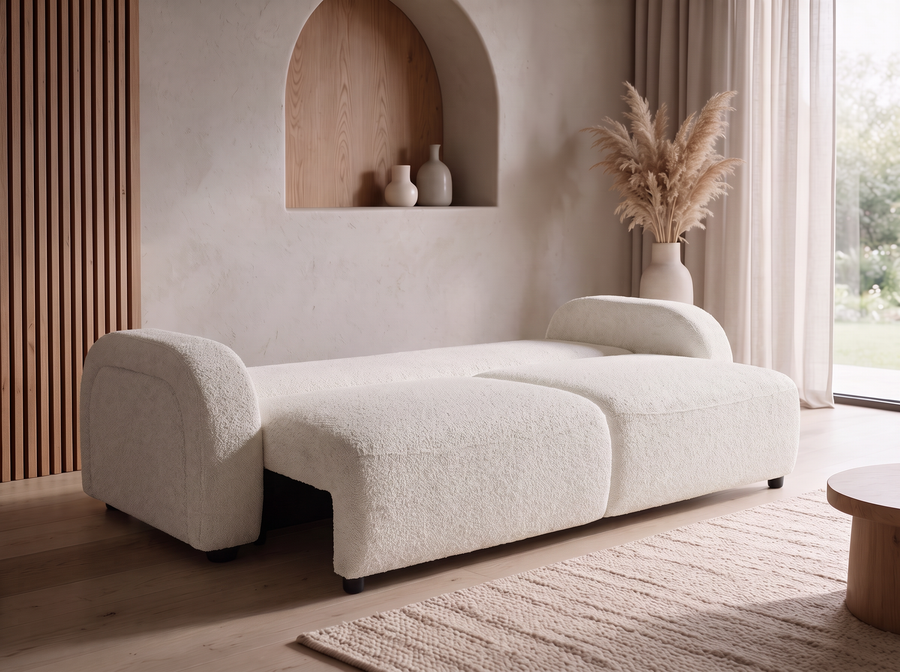 Canapé convertible 3 places compact en tissu bouclette avec coussins assortis, couleur bouclette écru, vue 2
