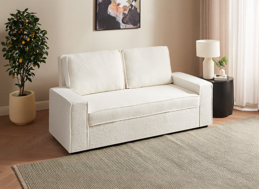 Canapé convertible 3 places en tissu bouclette écru 176 cm, ouverture rapido