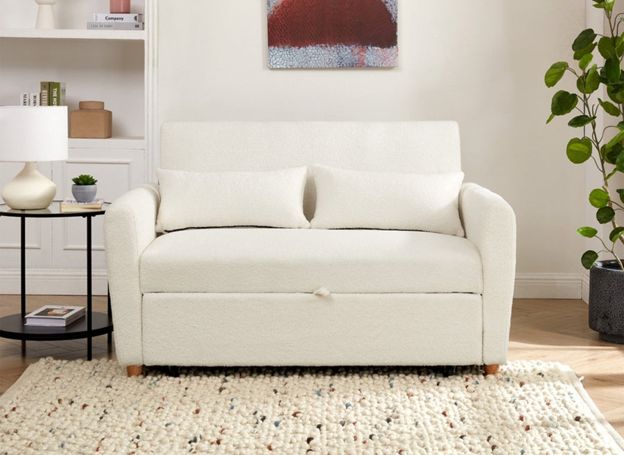 Canapé convertible 2 places en tissu polyester 140 cm, piétement bois clair