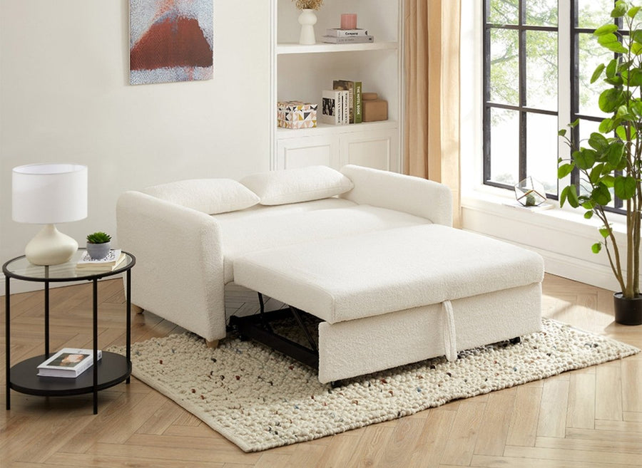 Canapé convertible 2 places en tissu polyester sur piétement en bois clair, couleur bouclette écru, vue 2
