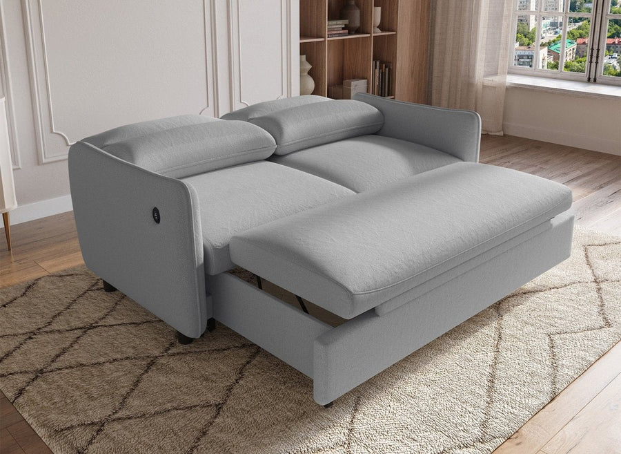 Canapé convertible 3 places en tissu d'inspiration rétro, couleur gris clair, vue 2