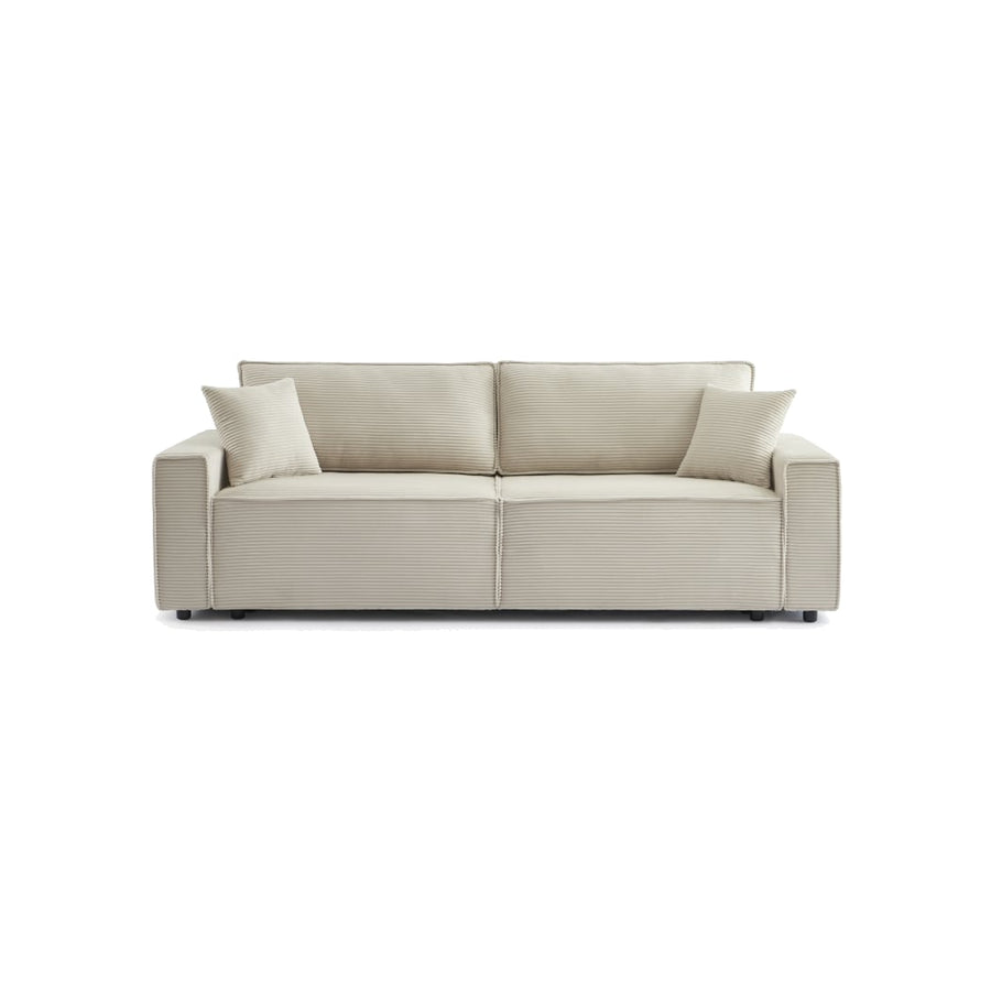 Canapé convertible 3 places en velours côtelé beige avec coffre sous l'assise