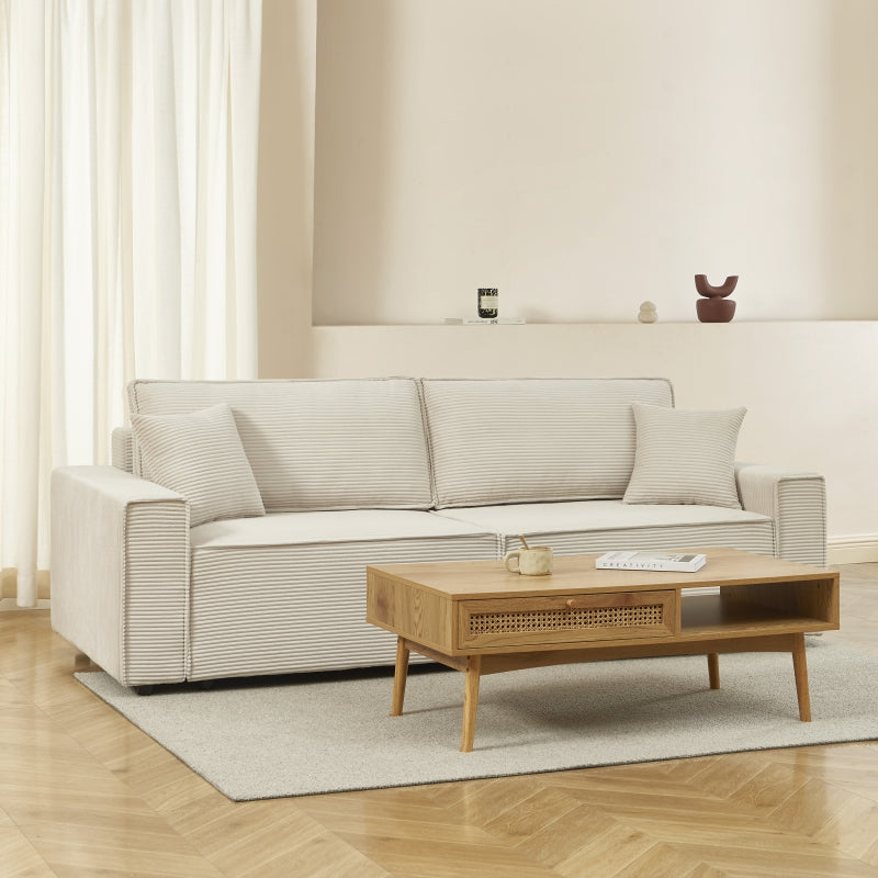 Canapé droit convertible 3 places en velours côtelé beige, couleur beige, vue 2