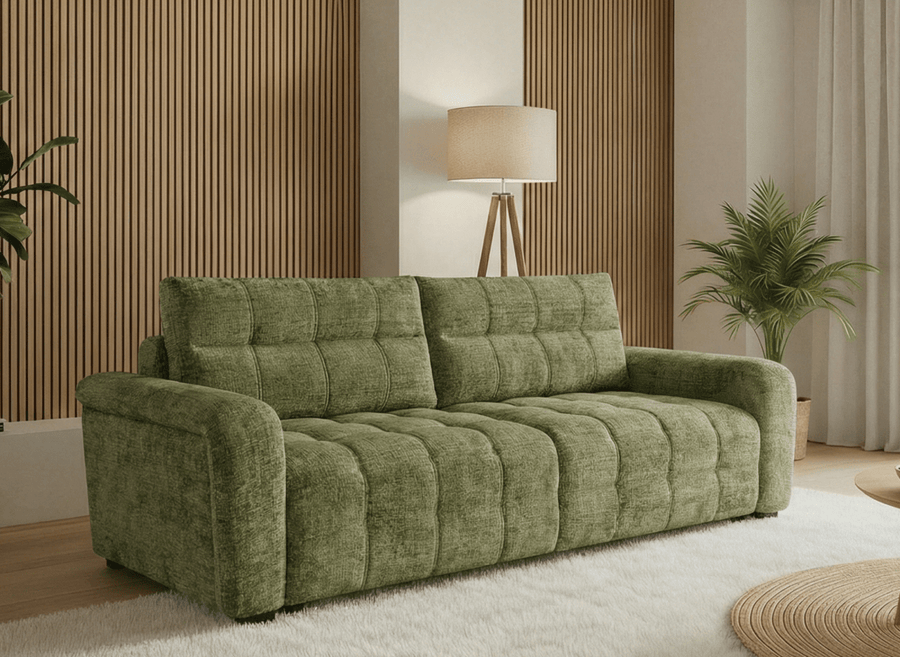 Canapé convertible 3 places avec coffre en velours chiné, assise matelassée