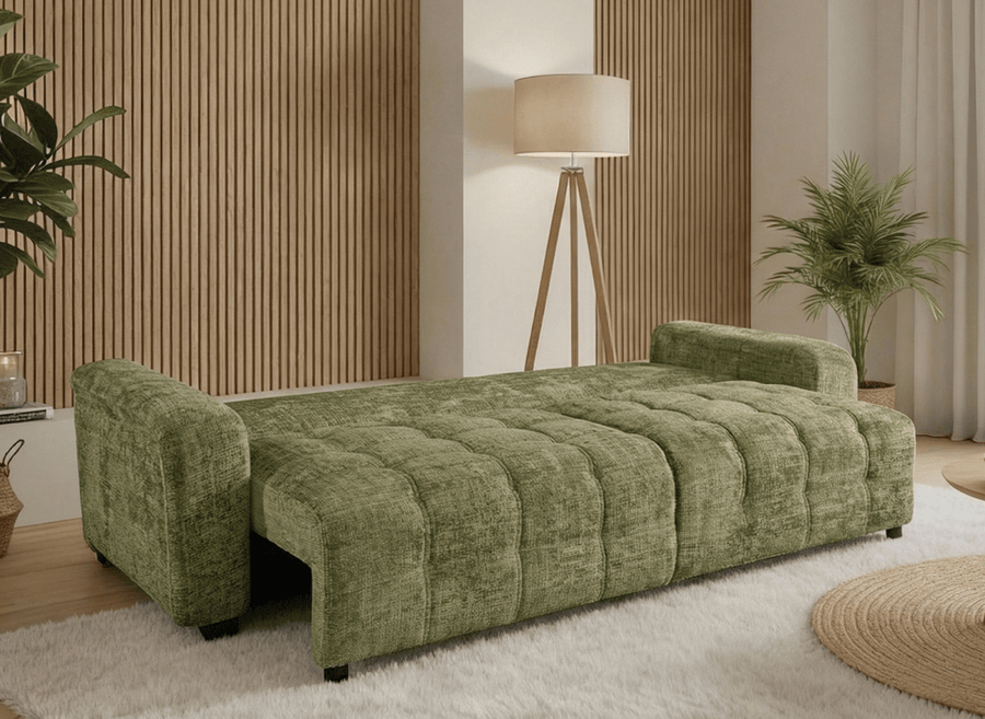 Canapé convertible 3 places en velours chiné à assise matelassée, couleur vert olive, vue 2