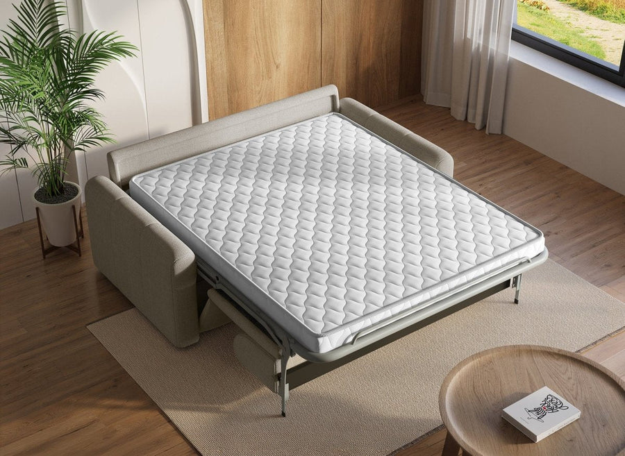 Canapé convertible 3 places en tissu aux surpiqûres verticales, couleur beige, vue 2