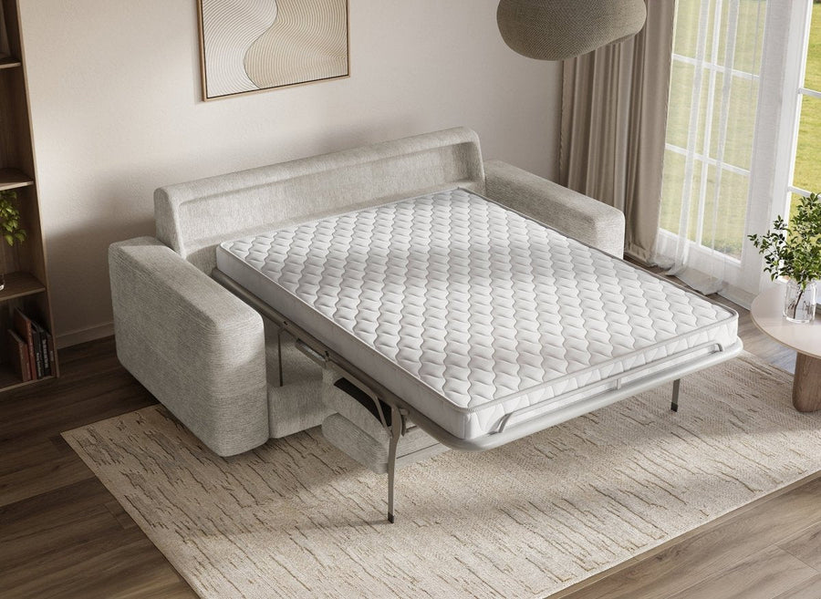 Canapé convertible 3 places en velours chiné aux larges accoudoirs, couleur beige, vue 2