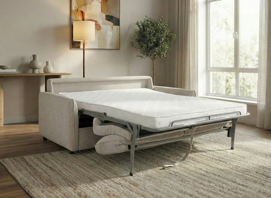 Canapé convertible 3 places en velours texturé aux accoudoirs arrondis, couleur beige, vue 2