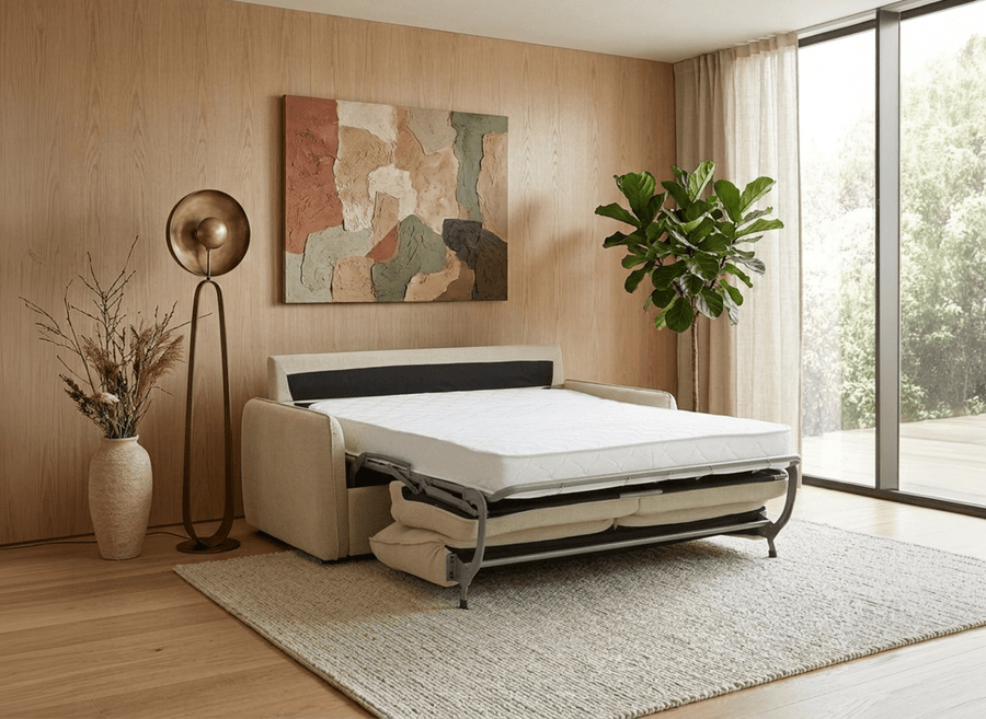 Canapé convertible 3 places en tissu texturé avec matelas de 15 cm, couleur beige, vue 2