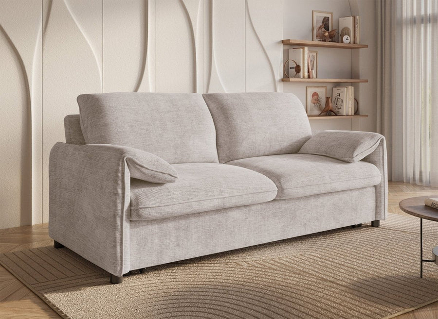 Canapé droit convertible 3 places en velours chiné, design compact, accoudoirs moelleux