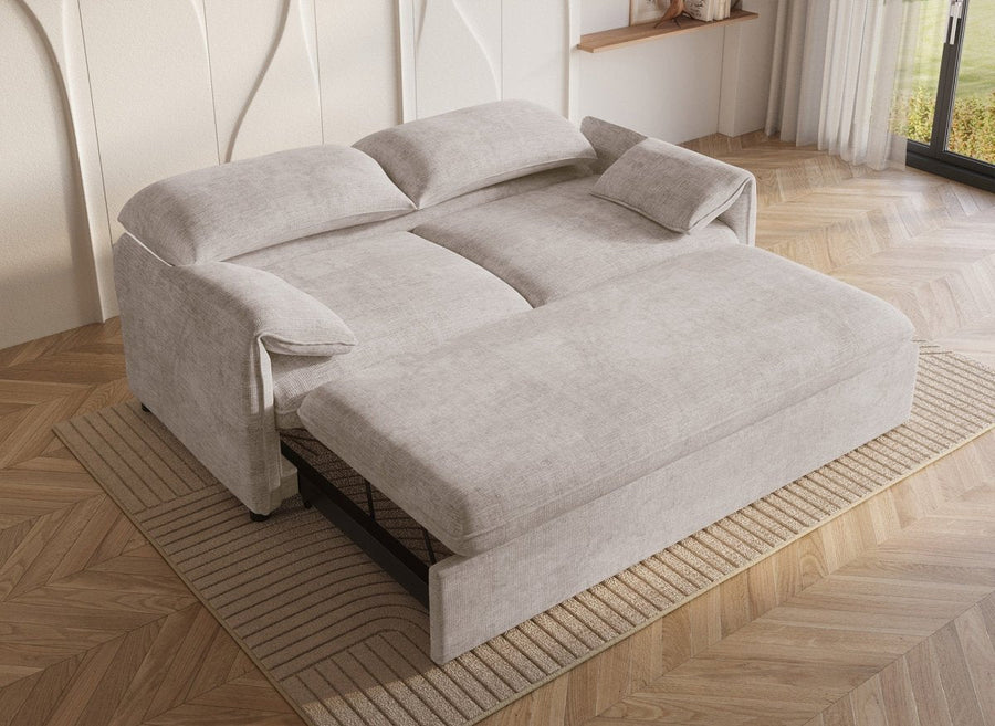 Canapé droit convertible 3 places en velours chiné au design épuré, couleur beige, vue 2