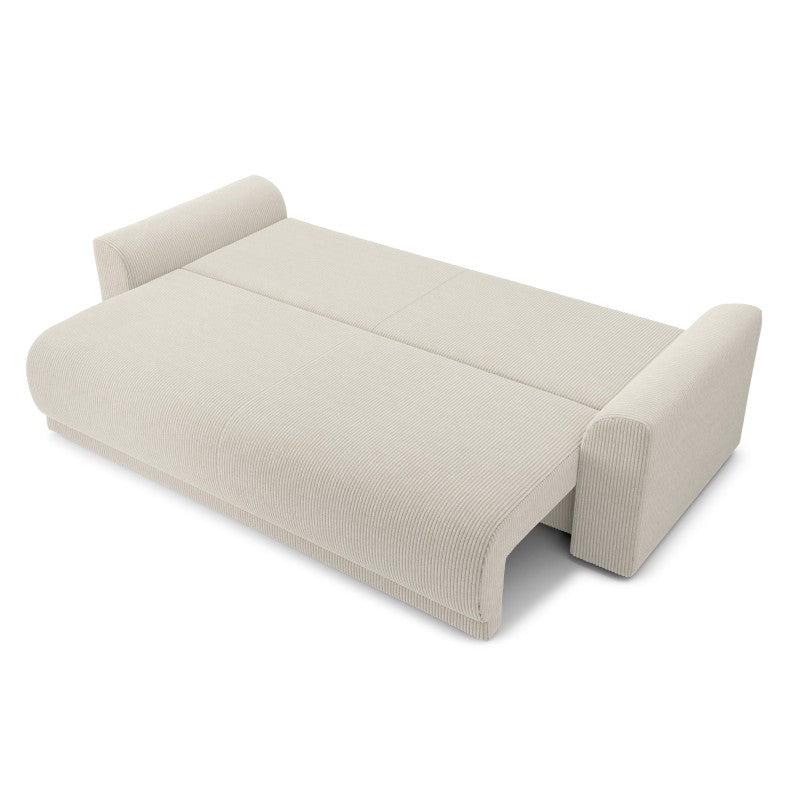 Canapé convertible 3 places en velours côtelé aux accoudoirs en demi-lune, couleur beige, vue 4
