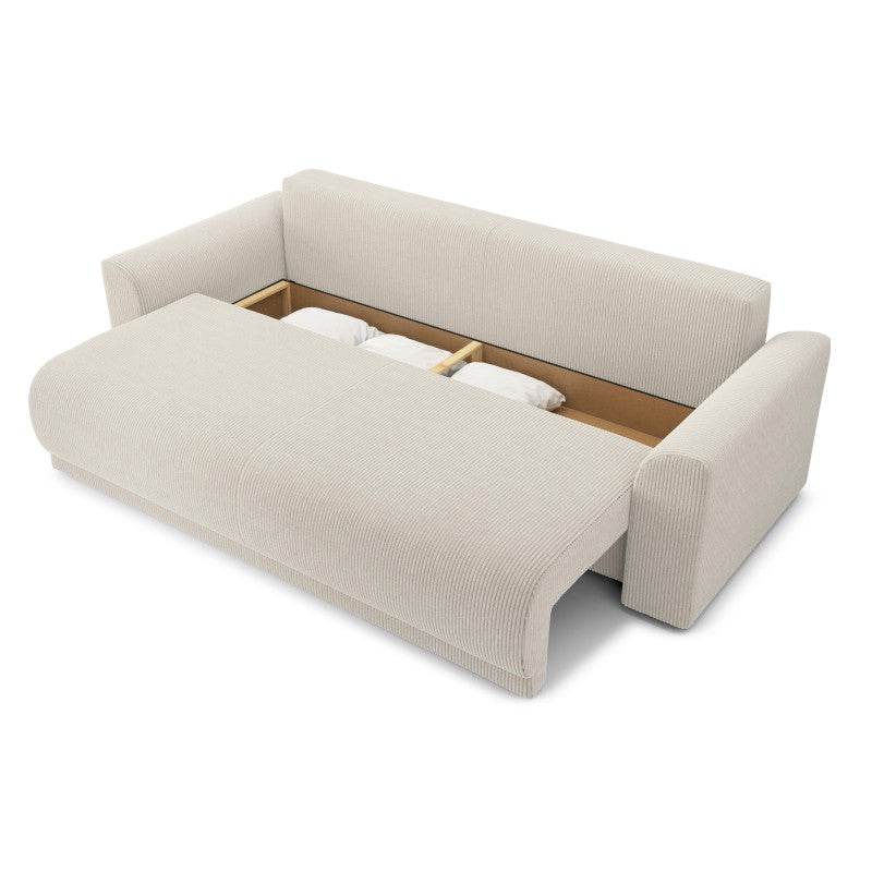 Canapé convertible 3 places en velours côtelé aux accoudoirs en demi-lune, couleur beige, vue 5