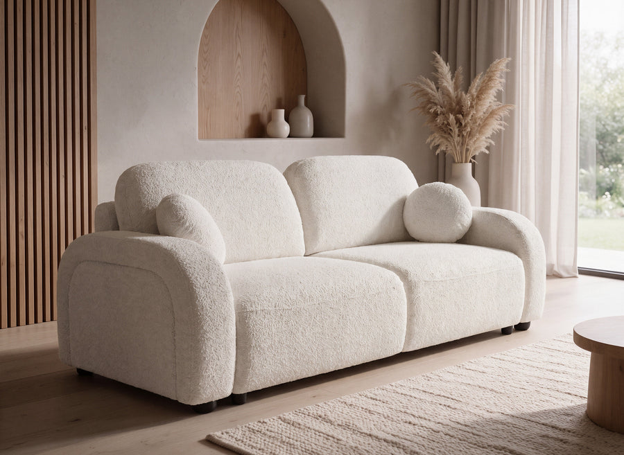 Canapé convertible 3 places compact en tissu bouclette ou texturé, avec coffre et 2 coussins