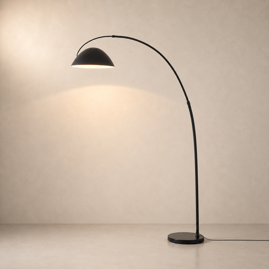 Lampadaire arc en métal noir, abat-jour dôme Ø 30 cm, H 185 cm