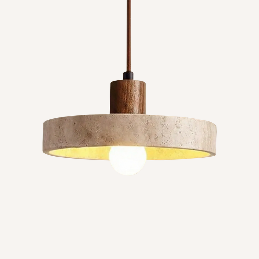 Suspension compacte en travertin et bois Ø 21 cm × hauteur 11 cm