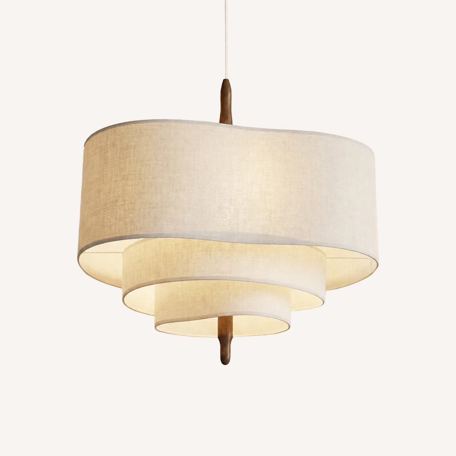 Suspension à trois abat-jour en tissu effet lin beige, métal et bois 45 à 70 cm