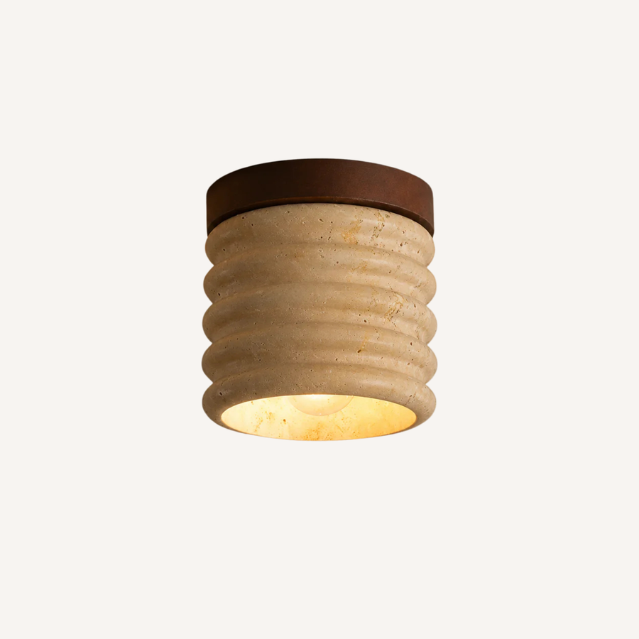 Plafonnier cylindrique en travertin cannelé et bois Ø 12 cm