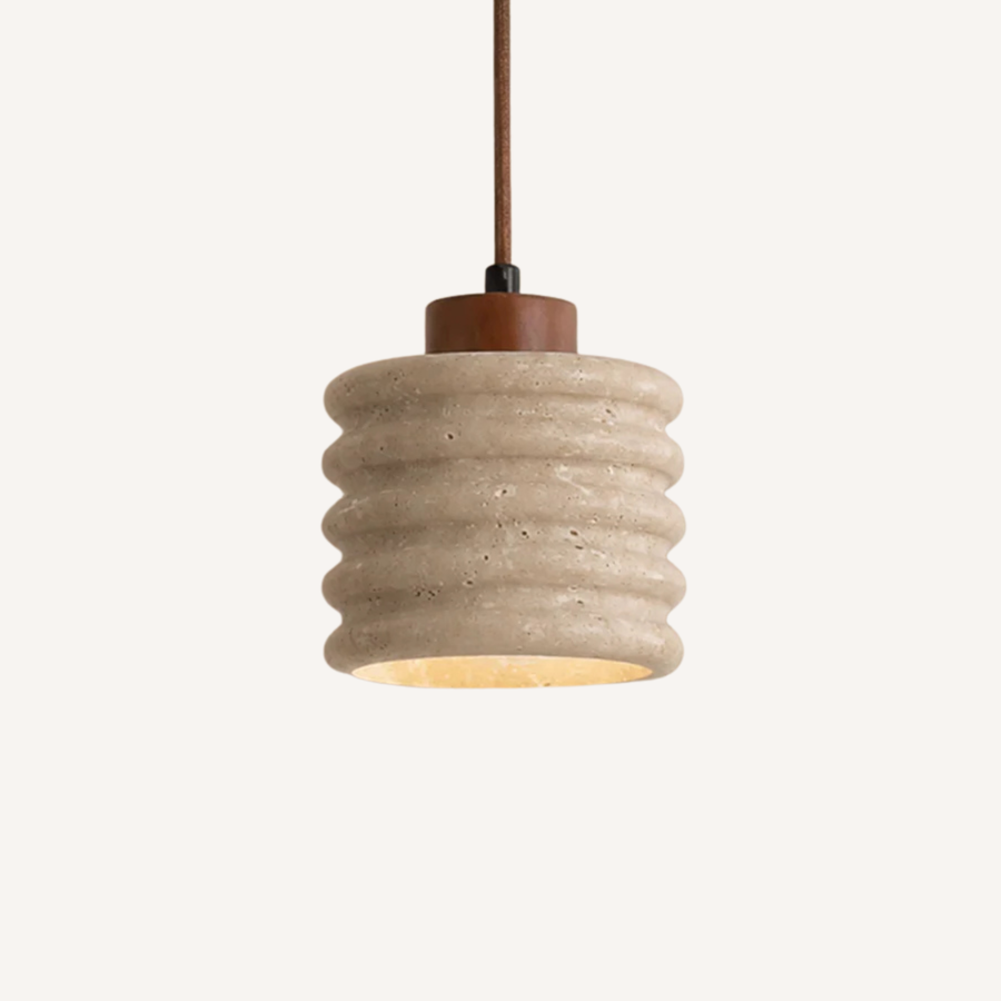 Suspension cylindrique en travertin cannelé et bois Ø 12 cm