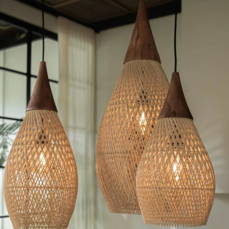 Suspension fuseau en rotin tressé naturel Ø 35 cm × hauteur 70 cm