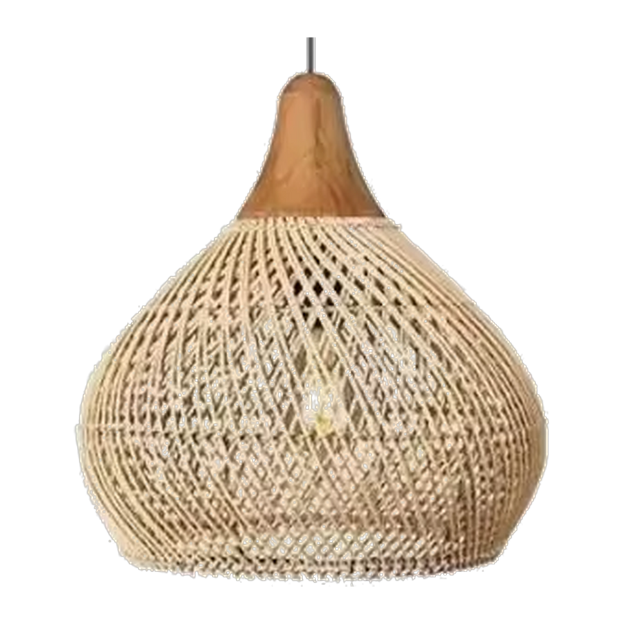 Suspension boule en rotin tressé avec calotte en bois clair, vue 2