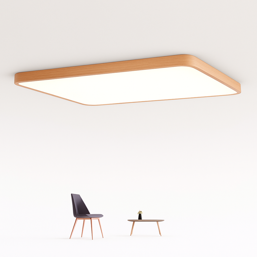 Plafonnier LED rectangulaire en bois aux angles arrondis, vue 2