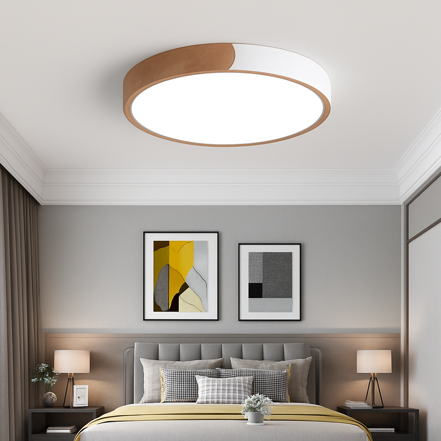 Plafonnier LED rond en métal laqué entouré d'un anneau de bois, vue 2