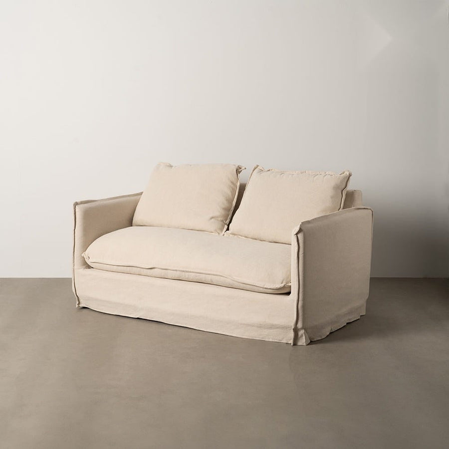 Canapé 2 places en lin et coton crème, housses déhoussables et pieds noirs 160 cm