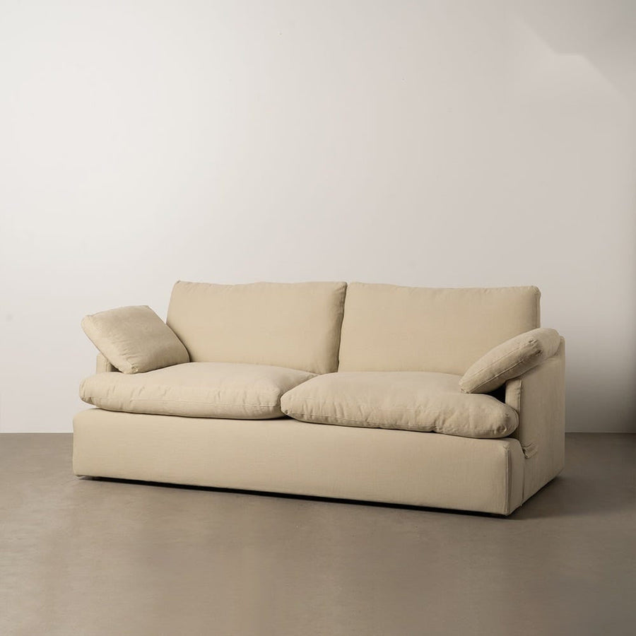 Canapé 3 places en lin et coton beige, coussins déhoussables et pieds noirs 212 cm