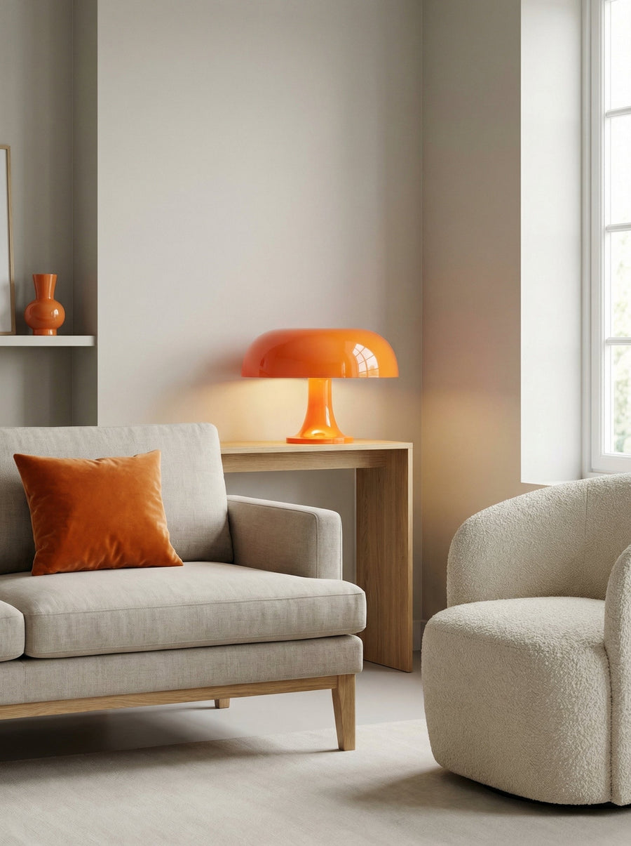 Lampe à poser champignon au dôme rond, style années 70, couleur orange, vue 2