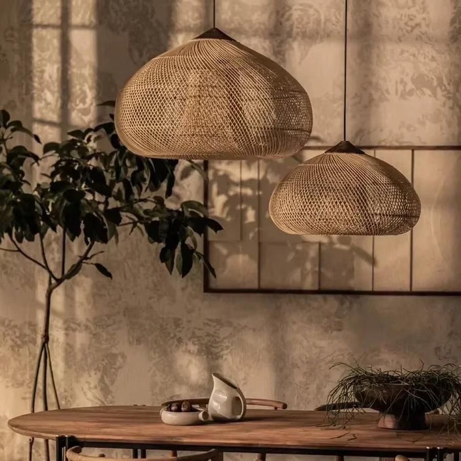 Suspension plate en rotin tressé naturel et bois Ø 40 ou 60 cm