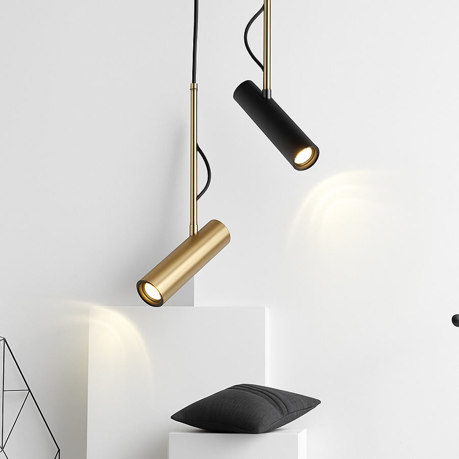 Suspension à spot orientable fixé au bout d'une tige en métal, couleur doré, vue 3