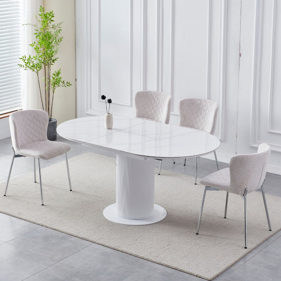 Table à manger extensible plateau céramique blanche pieds bois laqué blanc 125 à 165 cm