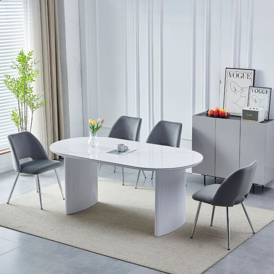 Table à manger rectangulaire céramique blanche piètement bois laqué blanc 180 ou 200 cm